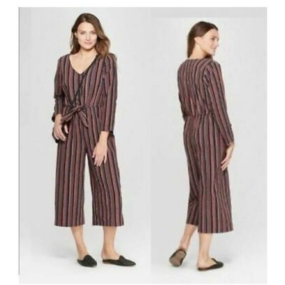 Nwt UNIVERSAL THREAD Striped Maroon Blue Long Sleeve Tie Front Jumpsuit XS - Picture 3 of 14